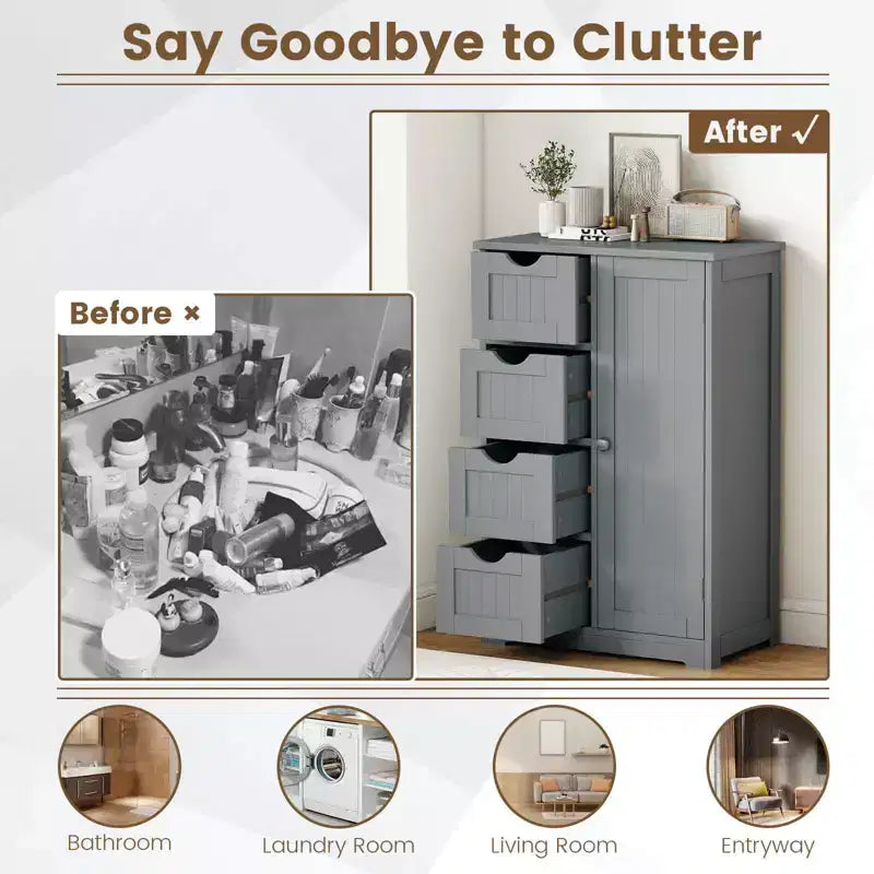 Meuble de Salle de Bain sur Pied en Bois à 4 Tiroirs avec 2 Étagères Rangement Armoire Blanc/Marron/Gris/Noir