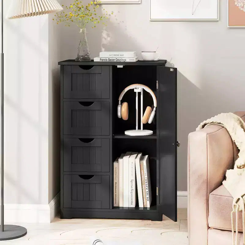 Wooden 4 Drawer Bathroom Floor Cabinet Storage Cupboard 2 Shelves Free Standing White/Brown/Grey/Black