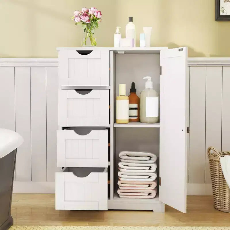 Meuble de Salle de Bain sur Pied en Bois à 4 Tiroirs avec 2 Étagères Rangement Armoire Blanc/Marron/Gris/Noir