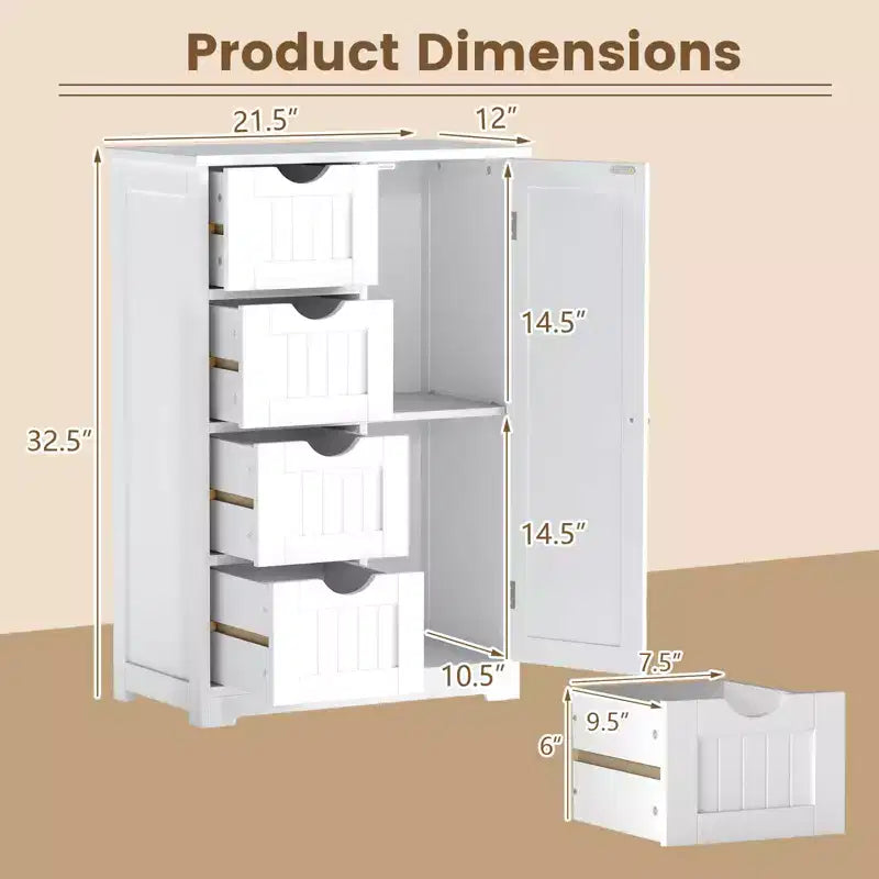 Meuble de Salle de Bain sur Pied en Bois à 4 Tiroirs avec 2 Étagères Rangement Armoire Blanc/Marron/Gris/Noir