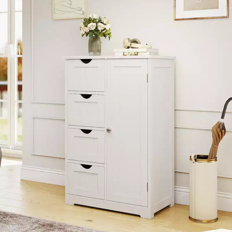 Meuble de Salle de Bain sur Pied en Bois à 4 Tiroirs avec 2 Étagères Rangement Armoire Blanc/Marron/Gris/Noir