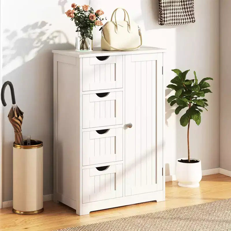 Meuble de Salle de Bain sur Pied en Bois à 4 Tiroirs avec 2 Étagères Rangement Armoire Blanc/Marron/Gris/Noir