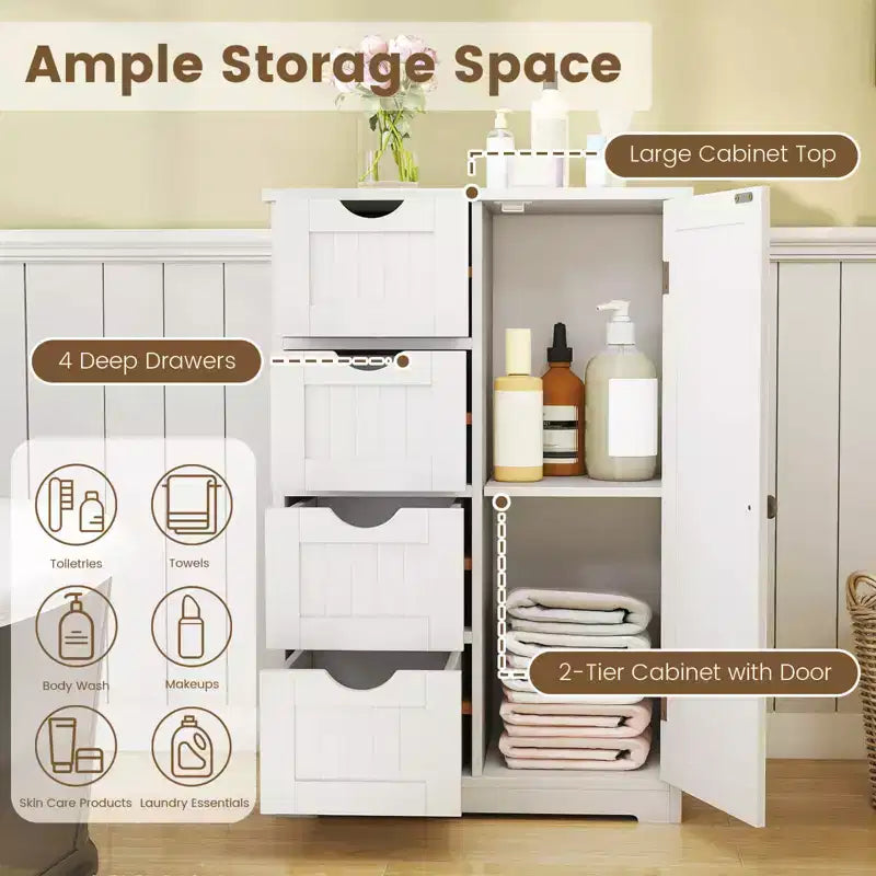 Meuble de Salle de Bain sur Pied en Bois à 4 Tiroirs avec 2 Étagères Rangement Armoire Blanc/Marron/Gris/Noir