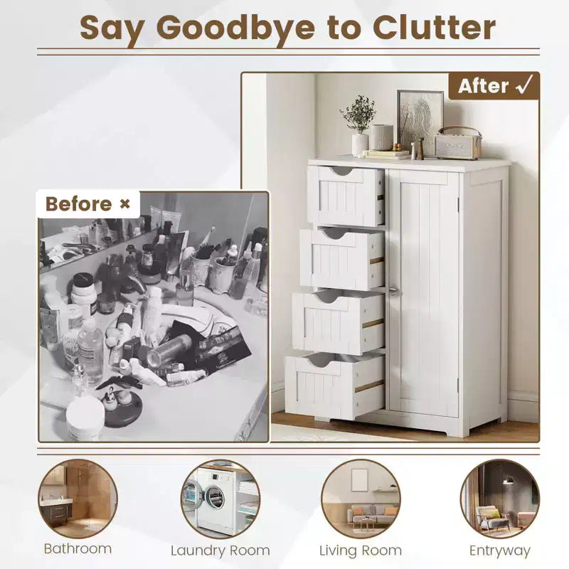 Meuble de Salle de Bain sur Pied en Bois à 4 Tiroirs avec 2 Étagères Rangement Armoire Blanc/Marron/Gris/Noir