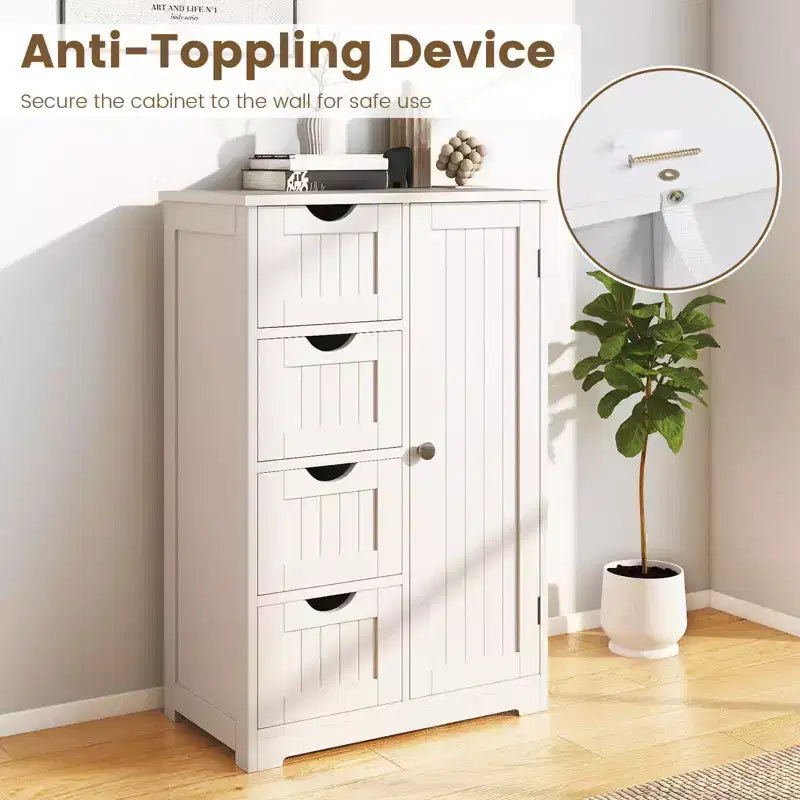 Meuble de Salle de Bain sur Pied en Bois à 4 Tiroirs avec 2 Étagères Rangement Armoire Blanc/Marron/Gris/Noir