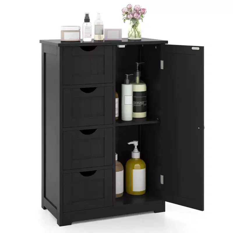 Meuble de Salle de Bain sur Pied en Bois à 4 Tiroirs avec 2 Étagères Rangement Armoire Blanc/Marron/Gris/Noir