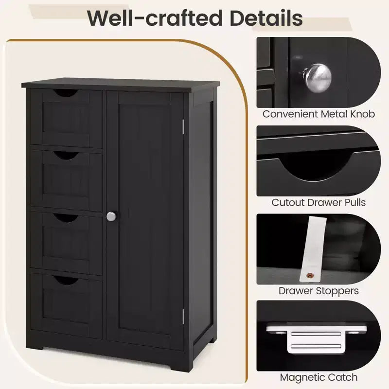 Meuble de Salle de Bain sur Pied en Bois à 4 Tiroirs avec 2 Étagères Rangement Armoire Blanc/Marron/Gris/Noir