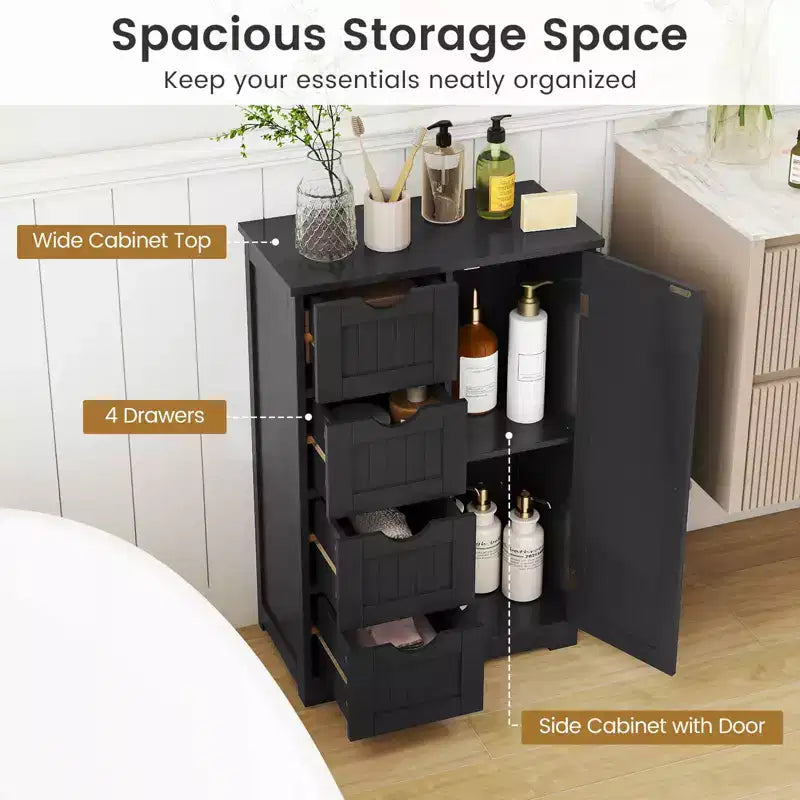 Meuble de Salle de Bain sur Pied en Bois à 4 Tiroirs avec 2 Étagères Rangement Armoire Blanc/Marron/Gris/Noir