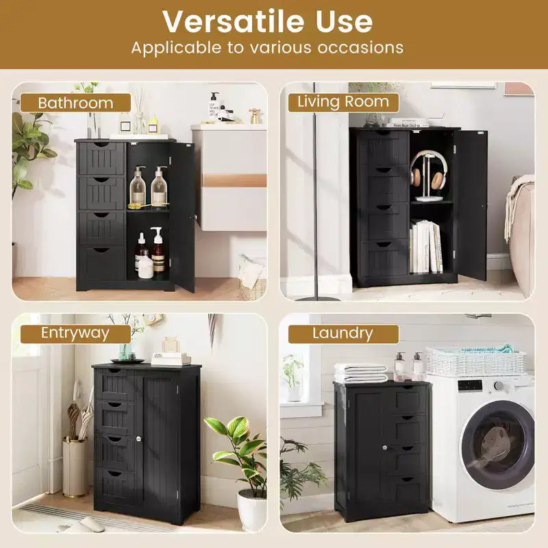 Meuble de Salle de Bain sur Pied en Bois à 4 Tiroirs avec 2 Étagères Rangement Armoire Blanc/Marron/Gris/Noir
