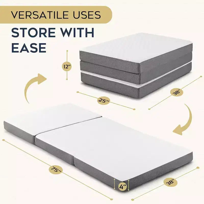 Matelas pliant portable Queen de 4 po d'épaisseur avec couche en mousse à mémoire de forme et housse lavable | Base antidérapante parfaite pour lit d'appoint-blanc