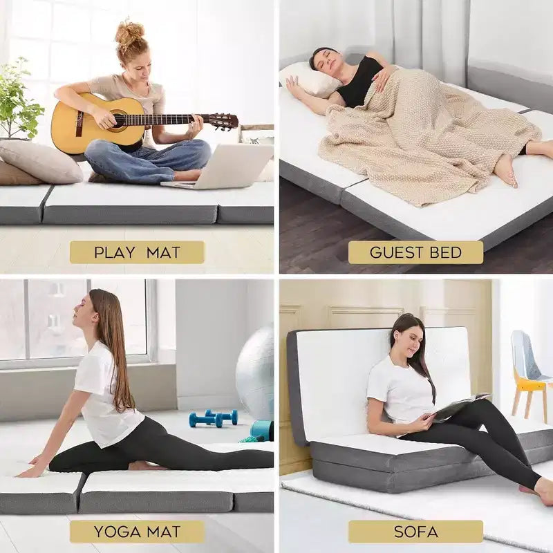 Queen 4 Inch Thick Portable Tri Folding Mattress with Memory Foam Layer with Washable Cover | Non-Slip Bottom Perfect Guest Bed-White