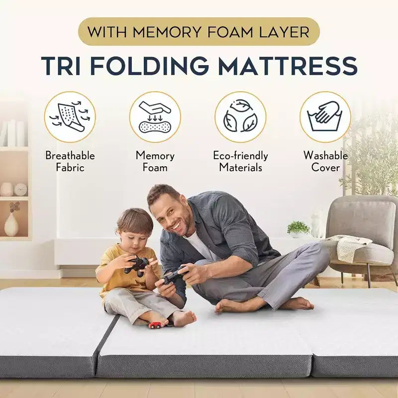 Queen 4 Inch Thick Portable Tri Folding Mattress with Memory Foam Layer with Washable Cover | Non-Slip Bottom Perfect Guest Bed-White